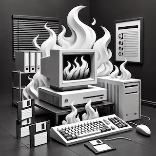 An AI-generated monochrome image of a 1980s home computer on fire. Now if one owned such a beast of a computer it's likely one was very serious indeed about computing. I was. One PC had a 'Matrox Millennium' graphics card with an unimaginably vast 4 megabytes of video RAM.