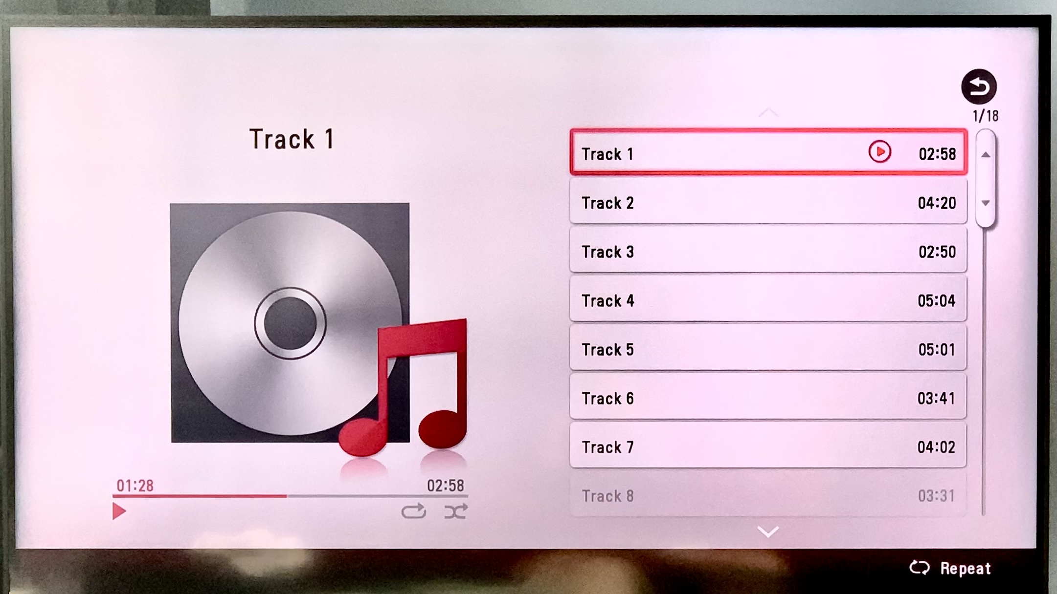 A useless CD track listing in a TV, indicating only Track 1, Track 2, etc., though it does show track durations.