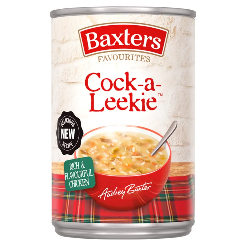 From the Baxters shop site, a photo of a typical tin of Baxters Cock-A-Leekie soup.