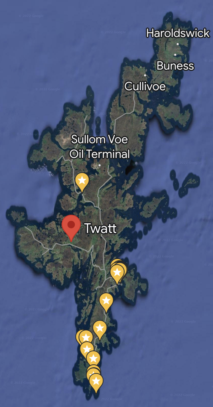 An overview map of one of the Shetland islands - with a pushpin locating the hamlet of Twatt.