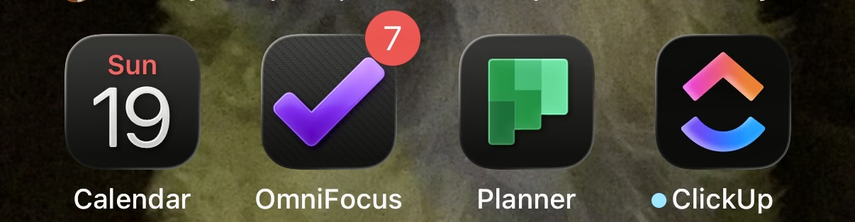 A screenshot of time and/or task management apps on my iPhone - Apple Calendar, OmniFocus, Microsoft Planner and ClickUp.